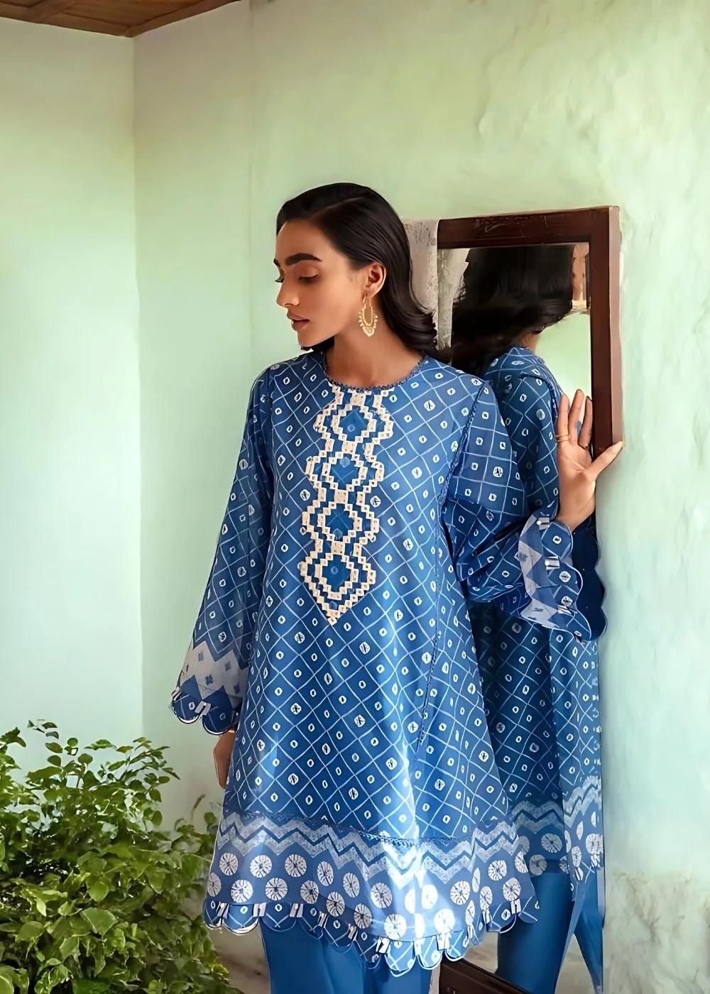 Cross Stitch 2-Piece Unstitched Mehrbano Ethnic Blue Luxury Lawn Digital Printed Embroidered Neckline with Dyed Cambric Trouser