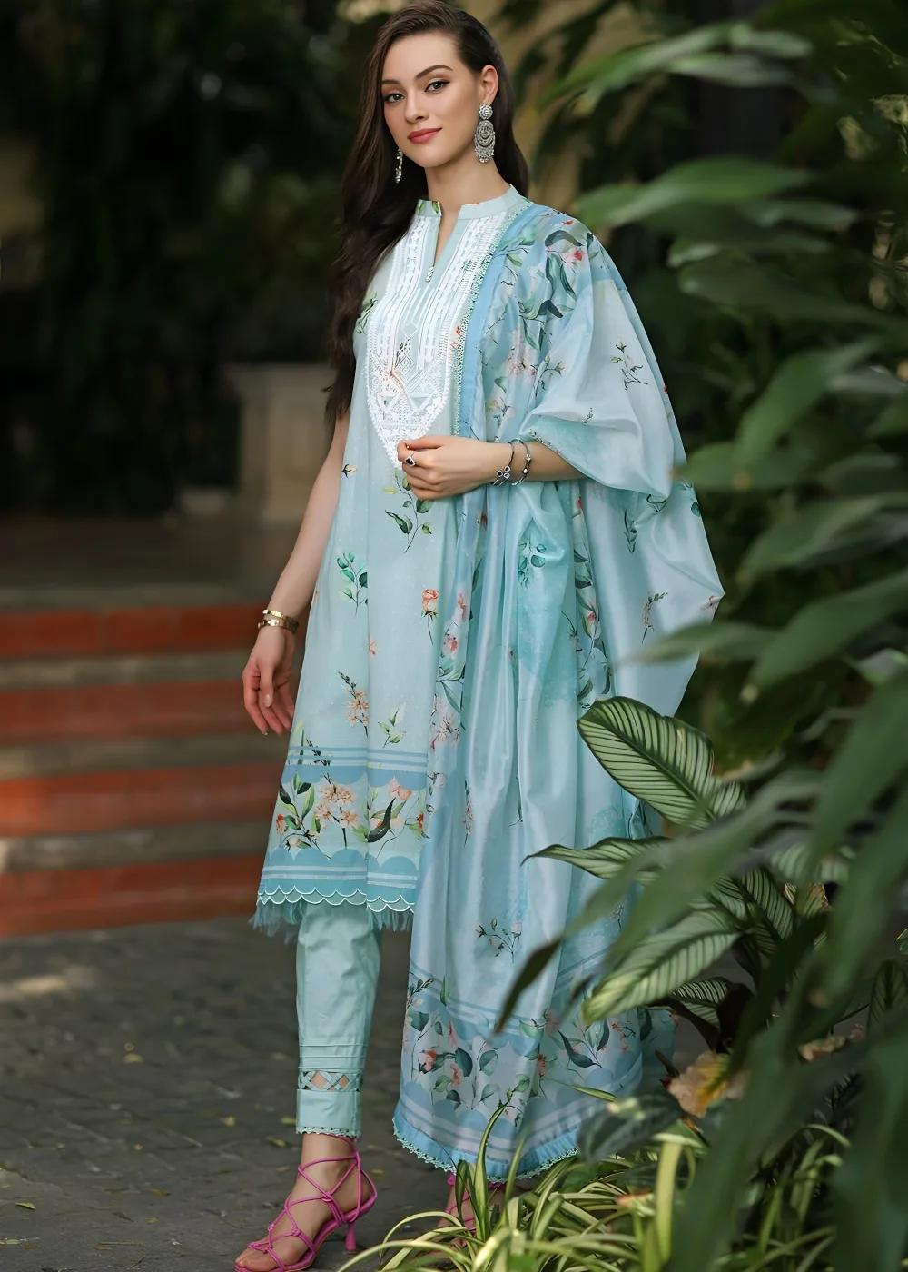 Gul Ahmed 3-Piece Digital Printed Embroidered Lawn Unstitched Suit with Digital Print Tissue Silk Dupatta SSM-42009