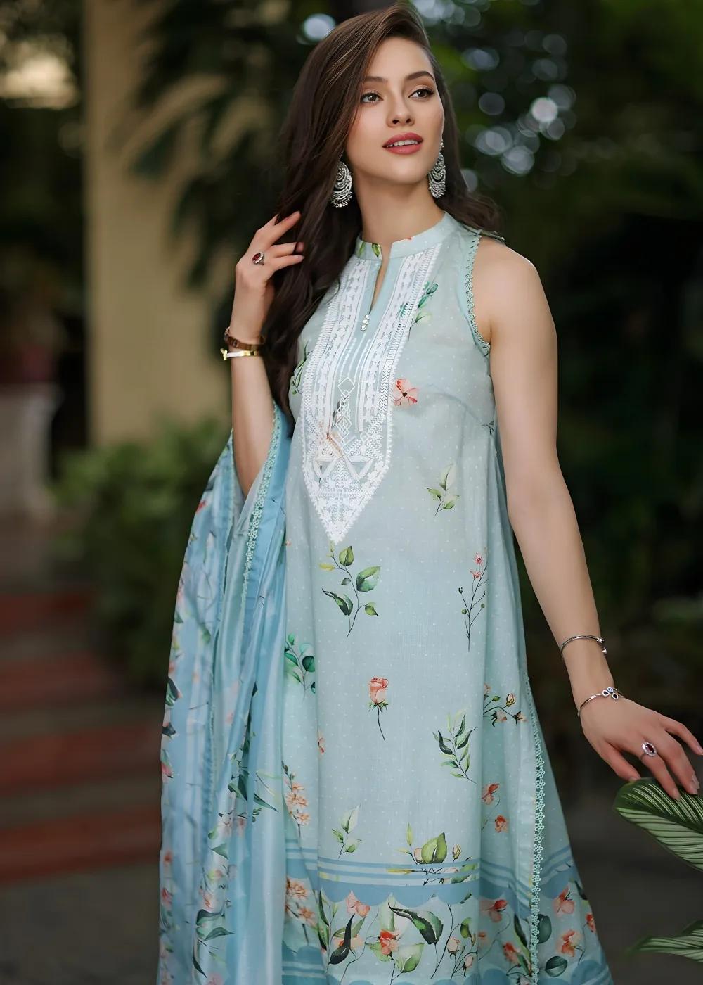 Gul Ahmed 3-Piece Digital Printed Embroidered Lawn Unstitched Suit with Digital Print Tissue Silk Dupatta SSM-42009