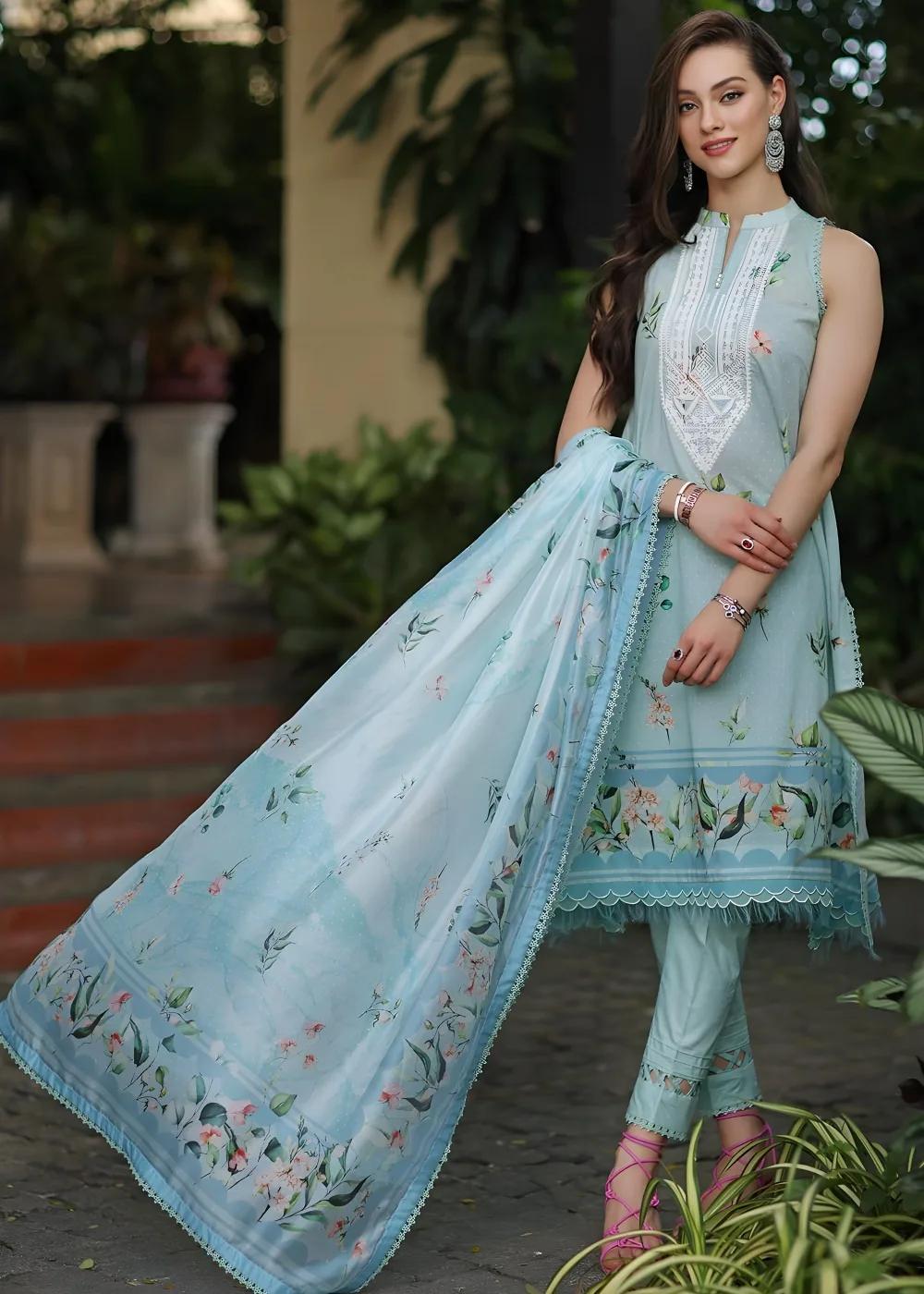 Gul Ahmed 3-Piece Digital Printed Embroidered Lawn Unstitched Suit with Digital Print Tissue Silk Dupatta SSM-42009