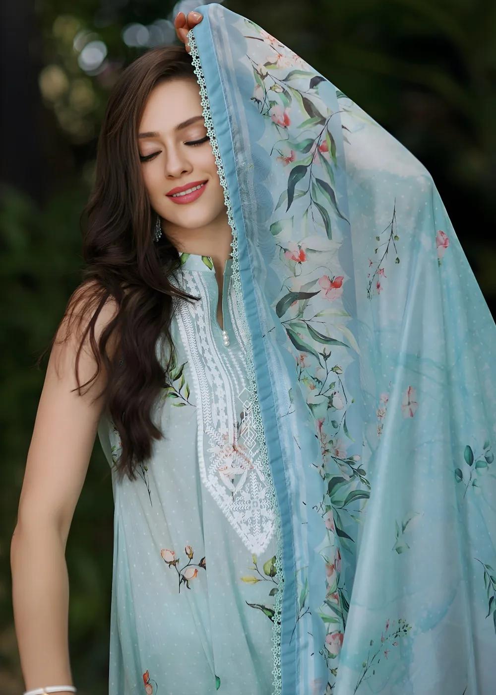 Gul Ahmed 3-Piece Digital Printed Embroidered Lawn Unstitched Suit with Digital Print Tissue Silk Dupatta SSM-42009