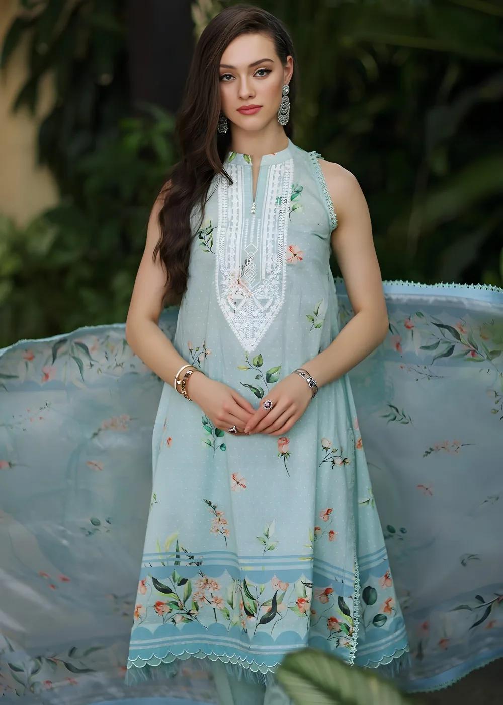 Gul Ahmed 3-Piece Digital Printed Embroidered Lawn Unstitched Suit with Digital Print Tissue Silk Dupatta SSM-42009
