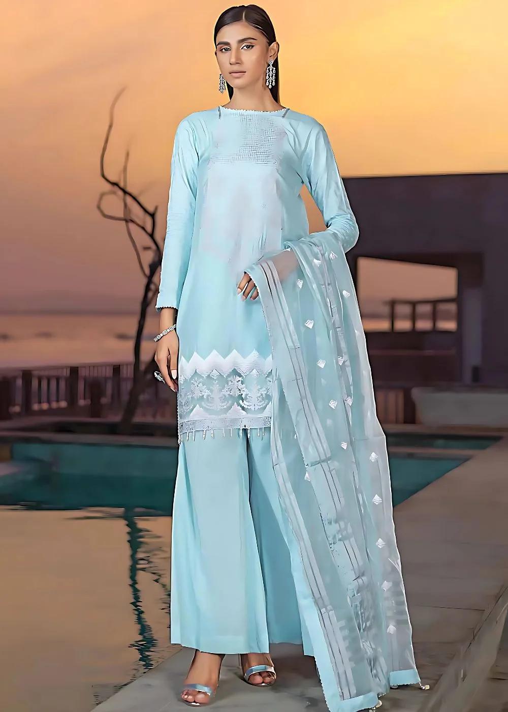 Gul Ahmed 3-Piece Embroidered Cotton Silk Unstitched Suit with Embroidered Organza Stripe Dupatta PM-32070