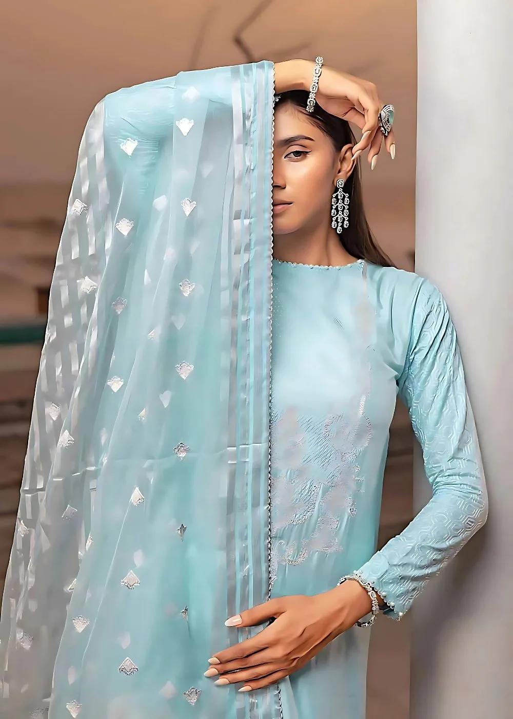 Gul Ahmed 3-Piece Embroidered Cotton Silk Unstitched Suit with Embroidered Organza Stripe Dupatta PM-32070