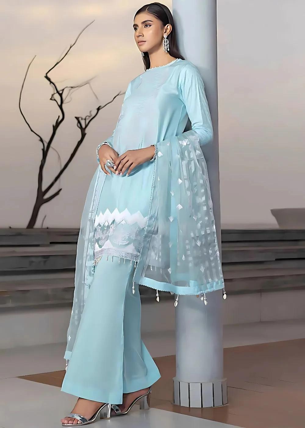 Gul Ahmed 3-Piece Embroidered Cotton Silk Unstitched Suit with Embroidered Organza Stripe Dupatta PM-32070