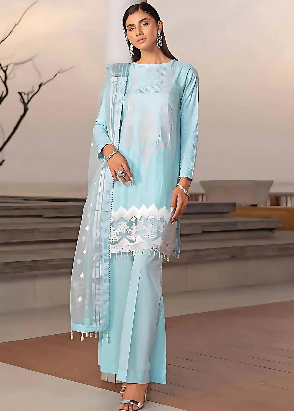 Gul Ahmed 3-Piece Embroidered Cotton Silk Unstitched Suit with Embroidered Organza Stripe Dupatta PM-32070