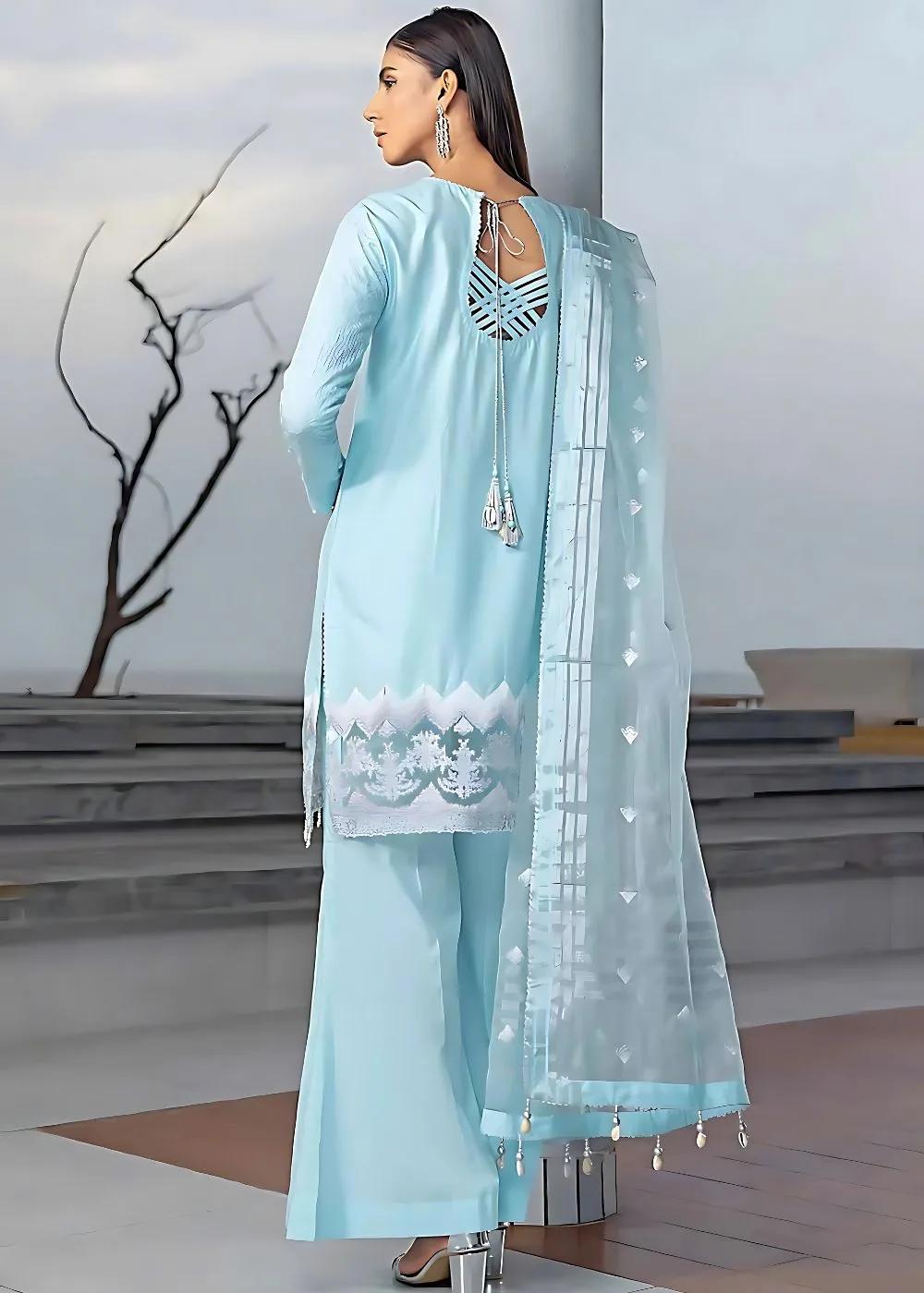 Gul Ahmed 3-Piece Embroidered Cotton Silk Unstitched Suit with Embroidered Organza Stripe Dupatta PM-32070