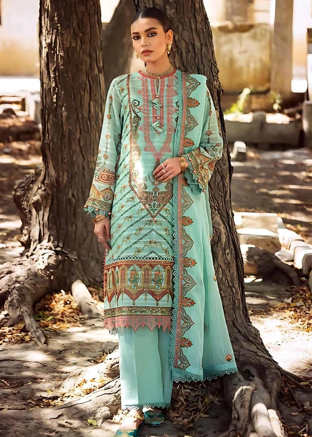 Gul Ahmed 3-Piece Embroidered Digital Printed Paper Cotton Sequins Unstitched Suit with Embroidered Stripe Cotton Silk Dupatta FE-32028