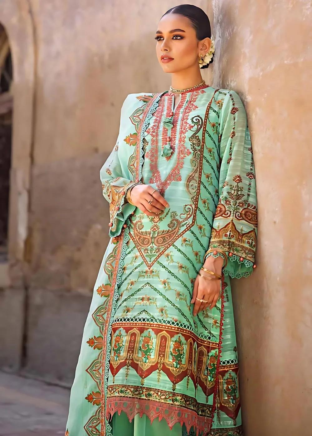 Gul Ahmed 3-Piece Embroidered Digital Printed Paper Cotton Sequins Unstitched Suit with Embroidered Stripe Cotton Silk Dupatta FE-32028