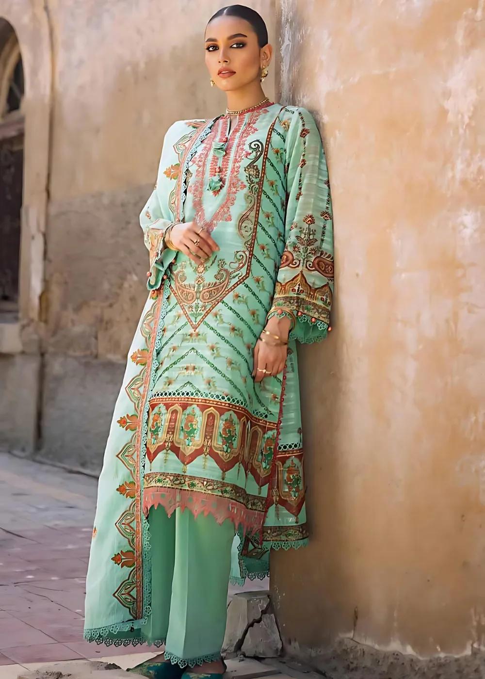 Gul Ahmed 3-Piece Embroidered Digital Printed Paper Cotton Sequins Unstitched Suit with Embroidered Stripe Cotton Silk Dupatta FE-32028