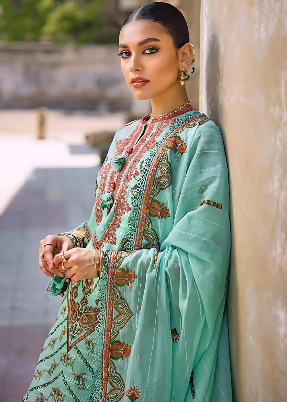 Gul Ahmed 3-Piece Embroidered Digital Printed Paper Cotton Sequins Unstitched Suit with Embroidered Stripe Cotton Silk Dupatta FE-32028
