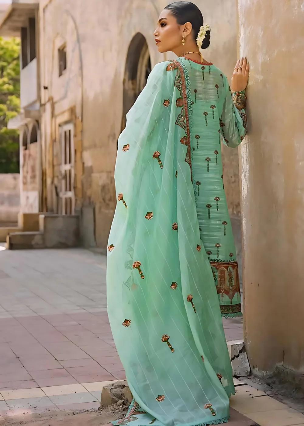 Gul Ahmed 3-Piece Embroidered Digital Printed Paper Cotton Sequins Unstitched Suit with Embroidered Stripe Cotton Silk Dupatta FE-32028