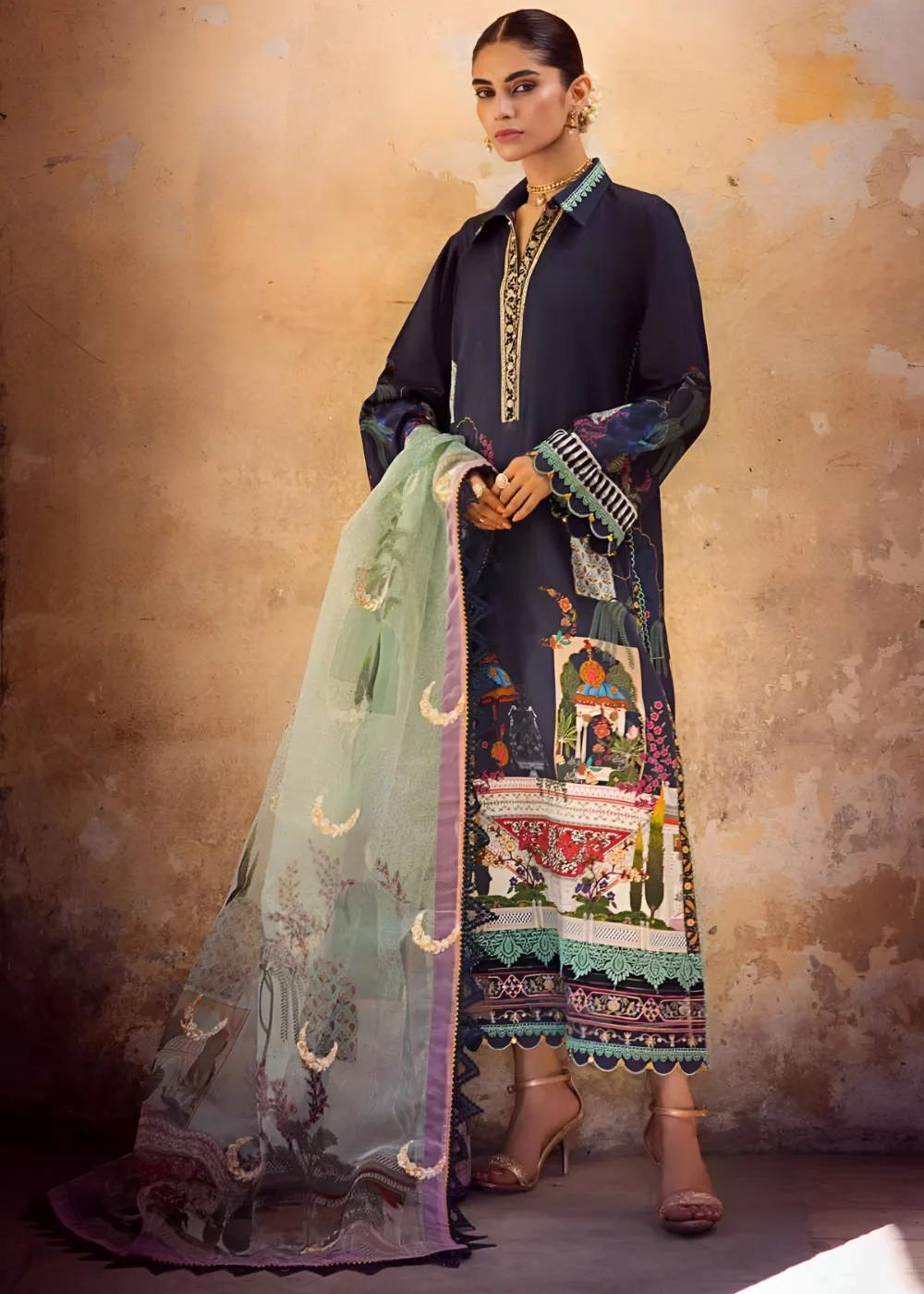 Gul Ahmed 3-Piece Embroidered Dobby Unstitched Suit with Embroidered Organza Dupatta and Neckline FE-32106