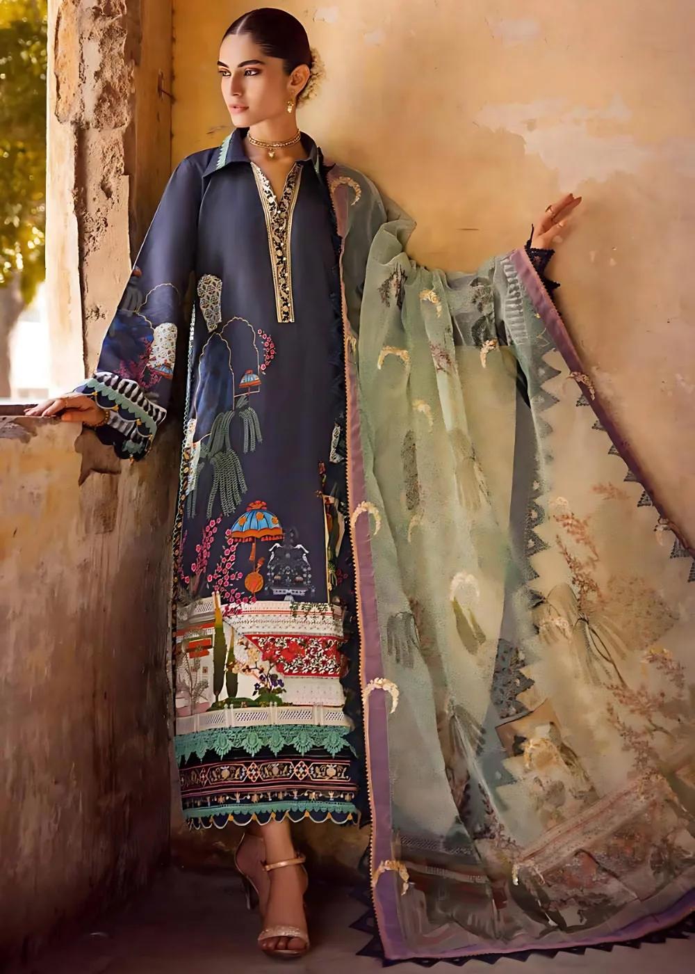 Gul Ahmed 3-Piece Embroidered Dobby Unstitched Suit with Embroidered Organza Dupatta and Neckline FE-32106