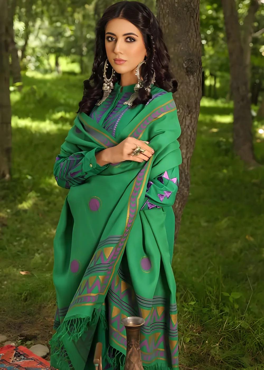 Gul Ahmed 3-Piece Embroidered Dyed Khaddar Shirt with Gold & Lacquer Acrylic Pashmina Dupatta AP-12041