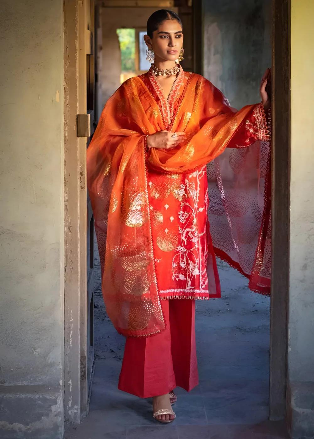 Gul Ahmed 3-Piece Embroidered Foil Printed Nylon Unstitched Suit with Foil Printed Organza Dupatta FE-32110