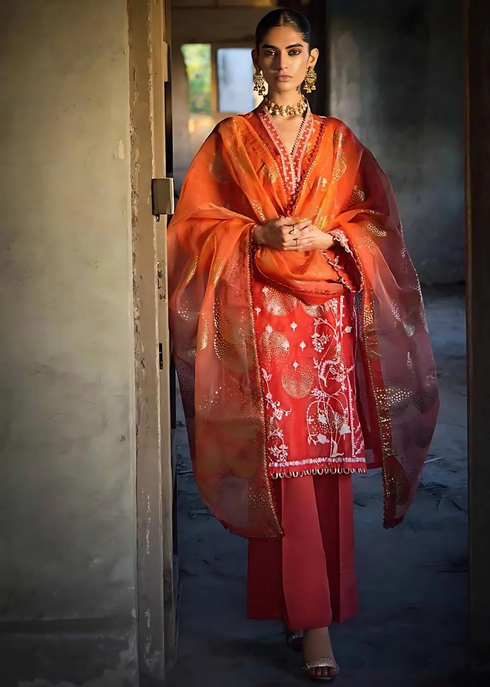 Gul Ahmed 3-Piece Embroidered Foil Printed Nylon Unstitched Suit with Foil Printed Organza Dupatta FE-32110