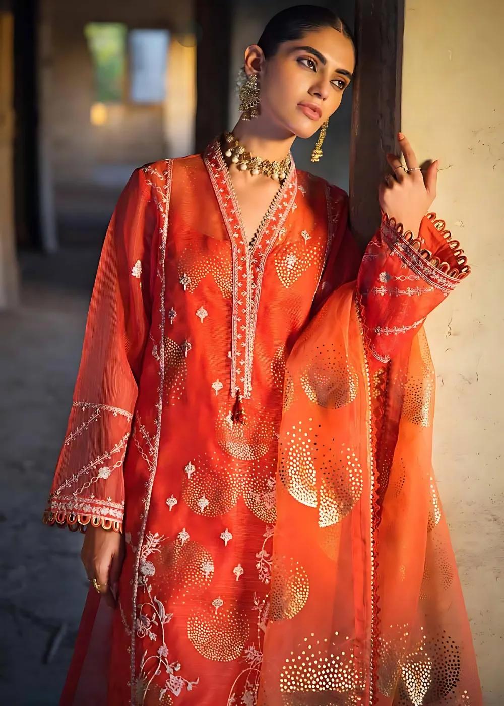 Gul Ahmed 3-Piece Embroidered Foil Printed Nylon Unstitched Suit with Foil Printed Organza Dupatta FE-32110