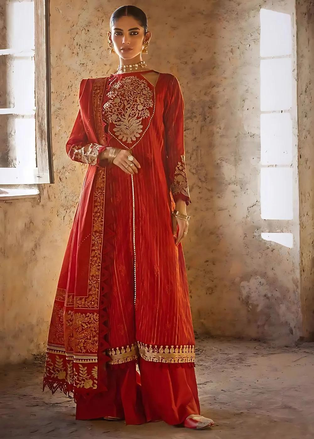 Gul Ahmed 3-Piece Embroidered Lacquer Printed Zari Stripe Unstitched Suit with Gold & Lacquer Printed Mehsuri Dupatta with Embroidered Mehsuri Border FE-32088