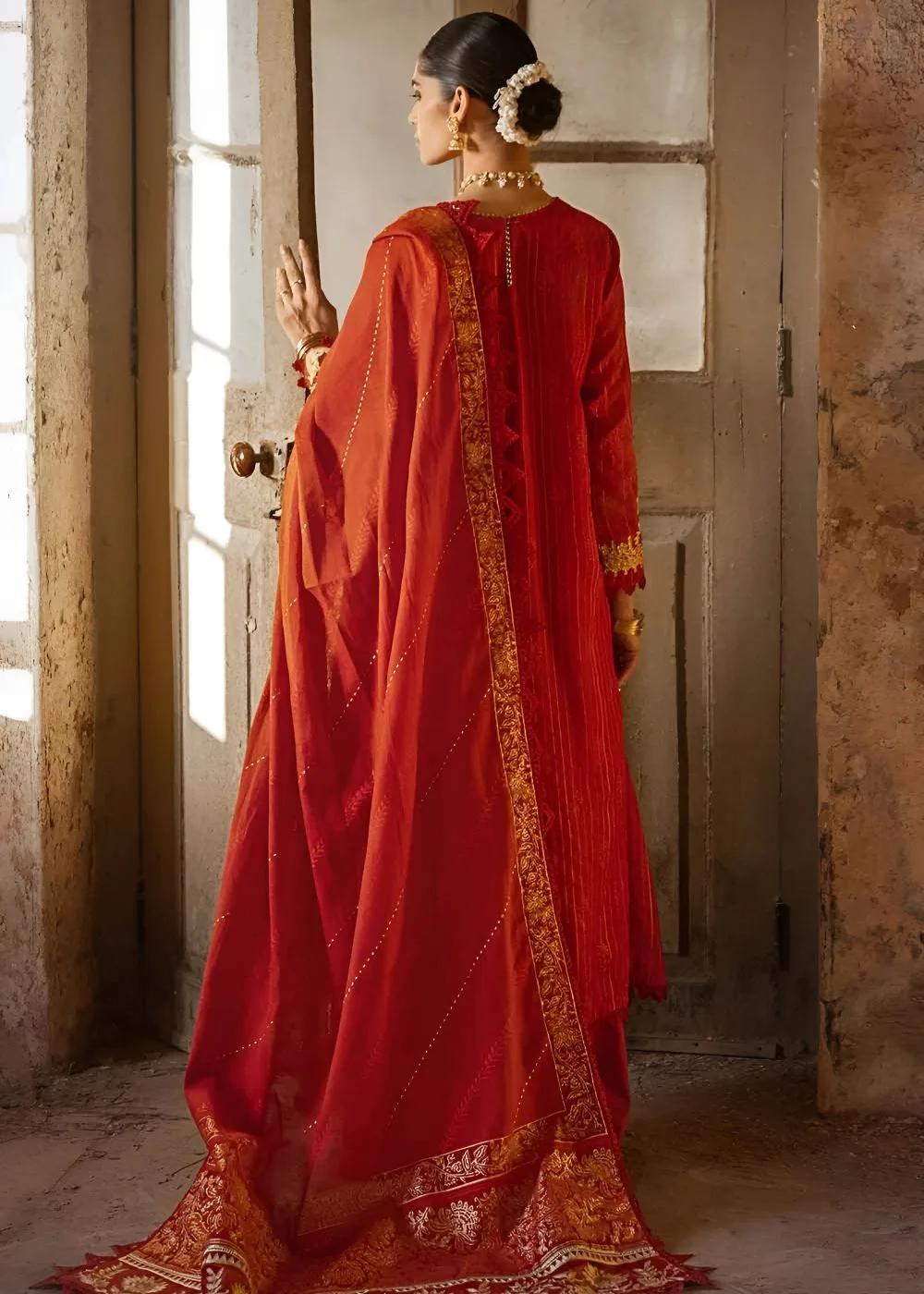 Gul Ahmed 3-Piece Embroidered Lacquer Printed Zari Stripe Unstitched Suit with Gold & Lacquer Printed Mehsuri Dupatta with Embroidered Mehsuri Border FE-32088
