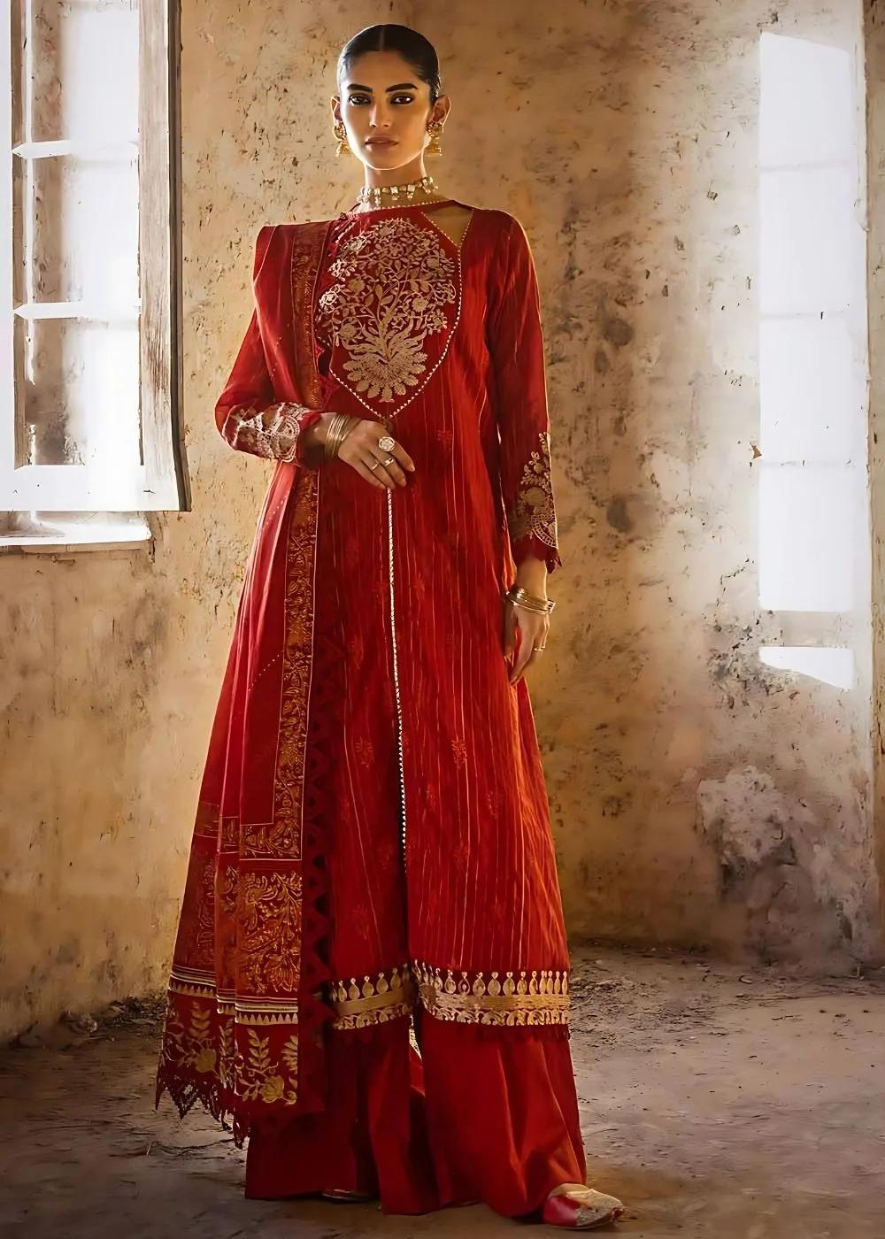 Gul Ahmed 3-Piece Embroidered Lacquer Printed Zari Stripe Unstitched Suit with Gold & Lacquer Printed Mehsuri Dupatta with Embroidered Mehsuri Border FE-32088