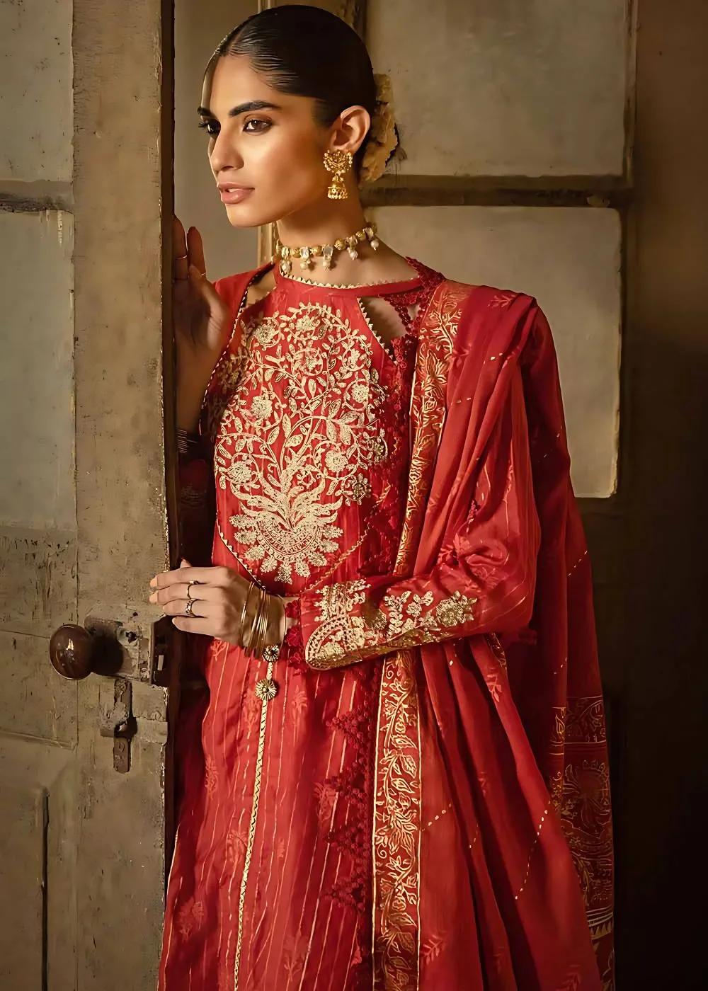 Gul Ahmed 3-Piece Embroidered Lacquer Printed Zari Stripe Unstitched Suit with Gold & Lacquer Printed Mehsuri Dupatta with Embroidered Mehsuri Border FE-32088