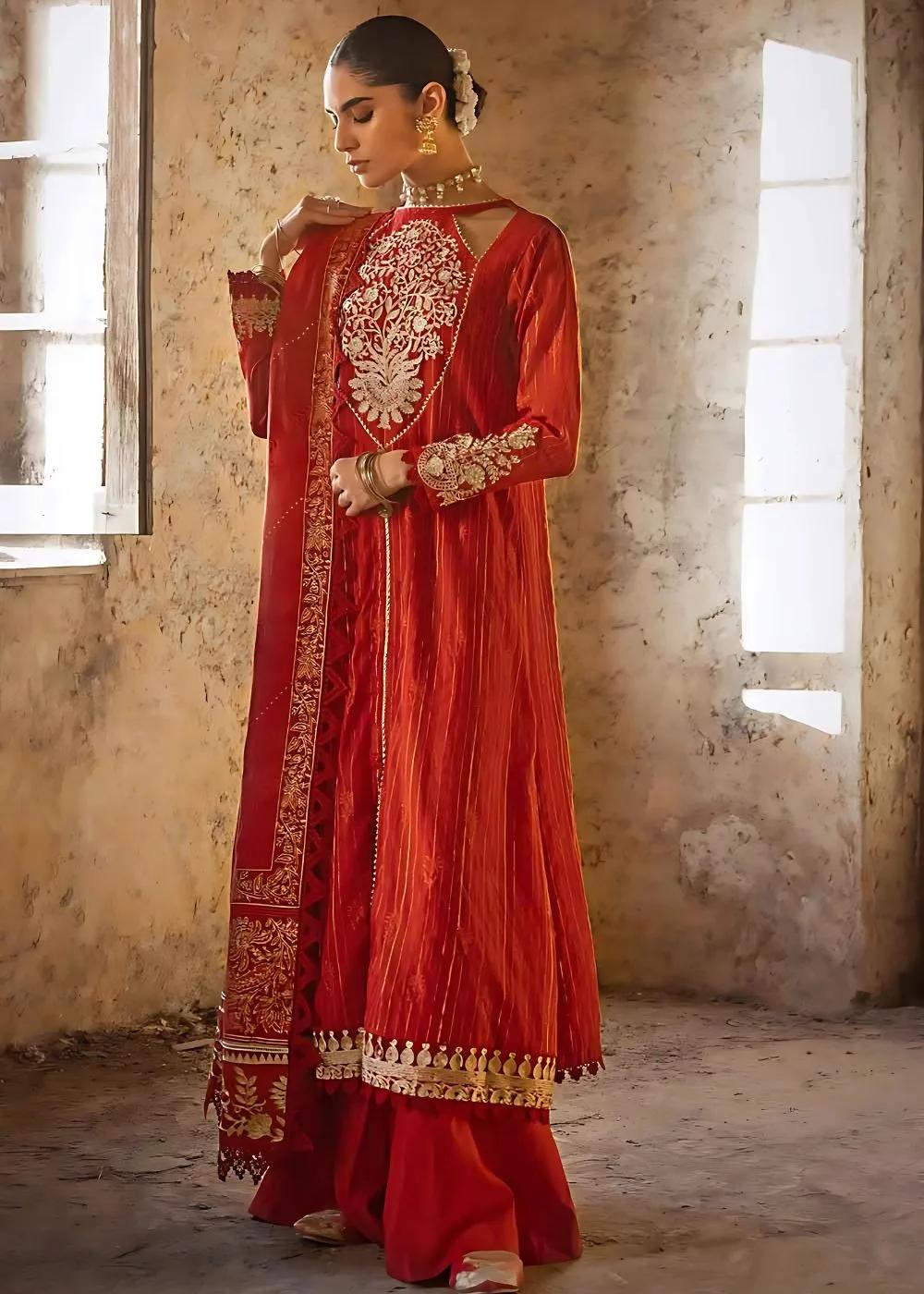 Gul Ahmed 3-Piece Embroidered Lacquer Printed Zari Stripe Unstitched Suit with Gold & Lacquer Printed Mehsuri Dupatta with Embroidered Mehsuri Border FE-32088