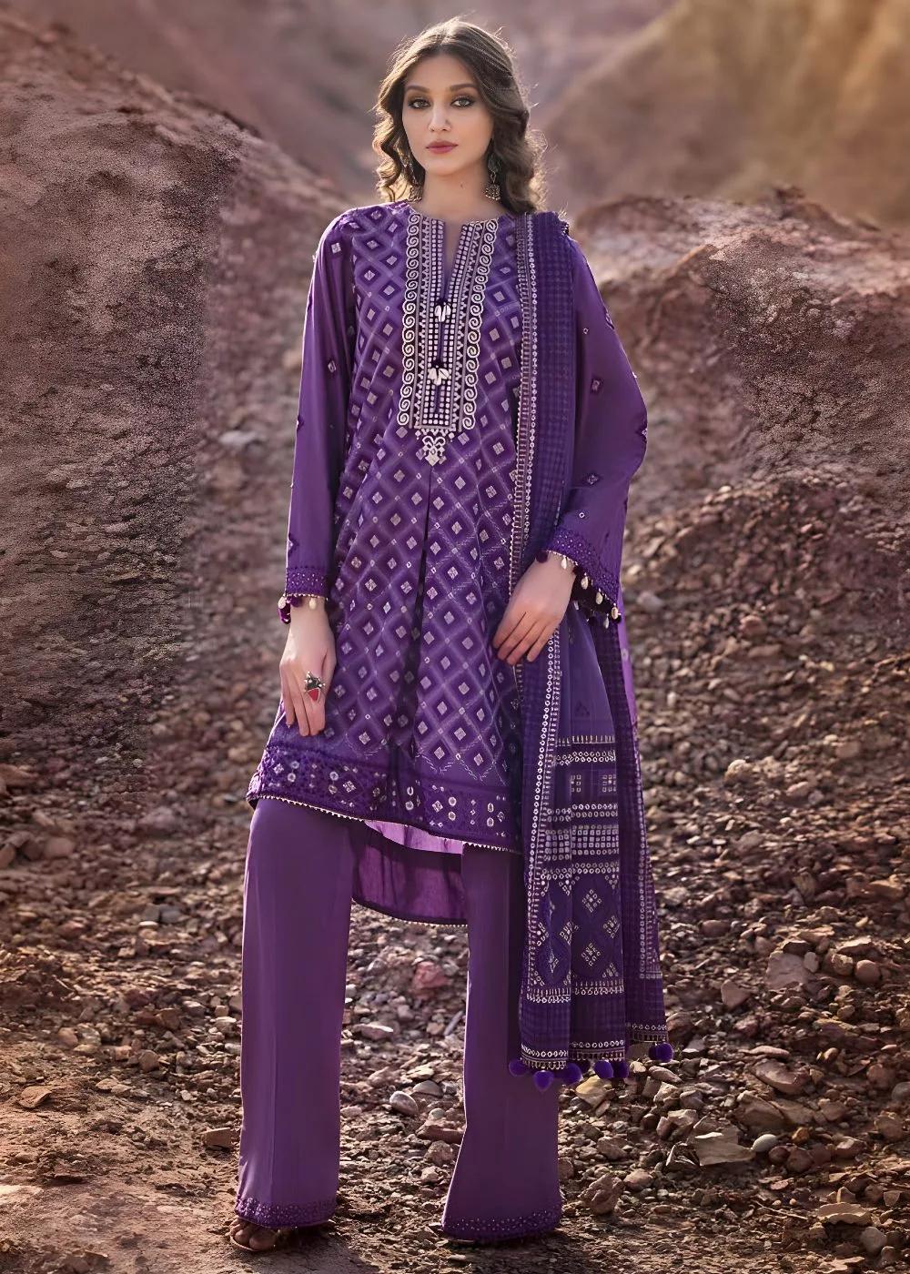 Gul Ahmed 3-Piece Embroidered Printed Lawn Unstitched Suit with Gold Lacquer Printed Chiffon Dupatta BM-42008