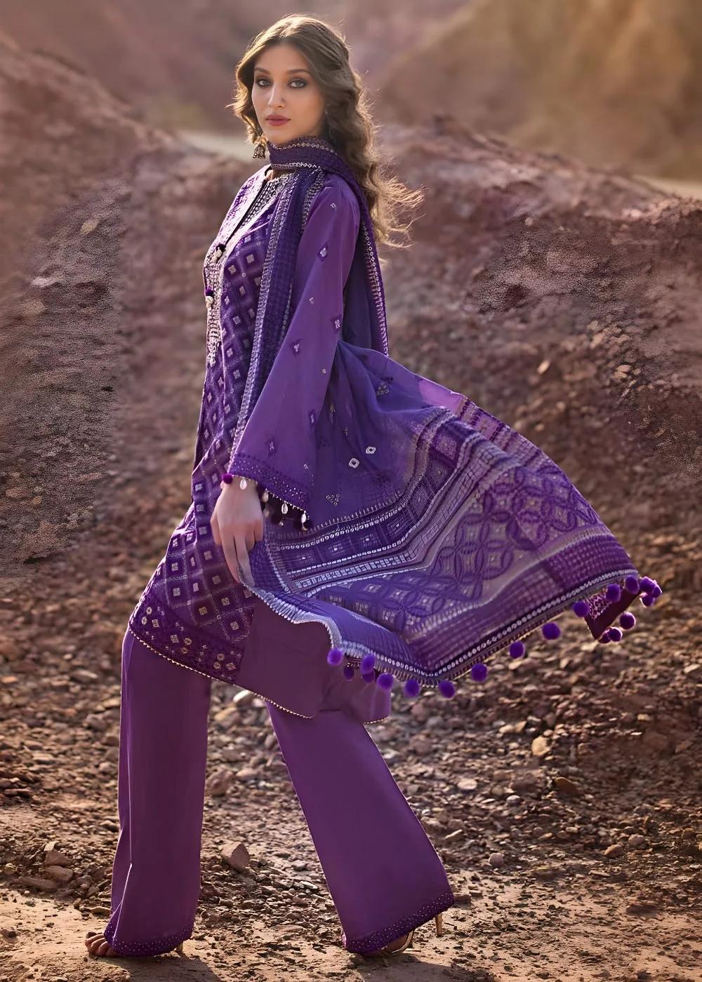 Gul Ahmed 3-Piece Embroidered Printed Lawn Unstitched Suit with Gold Lacquer Printed Chiffon Dupatta BM-42008