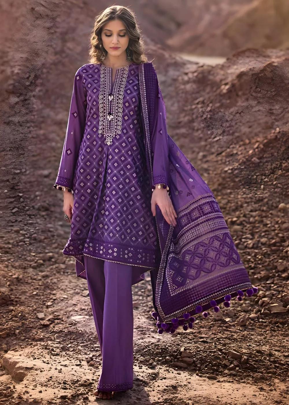 Gul Ahmed 3-Piece Embroidered Printed Lawn Unstitched Suit with Gold Lacquer Printed Chiffon Dupatta BM-42008