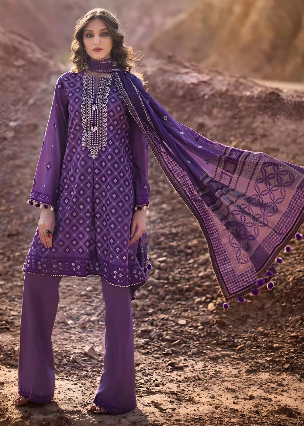 Gul Ahmed 3-Piece Embroidered Printed Lawn Unstitched Suit with Gold Lacquer Printed Chiffon Dupatta BM-42008