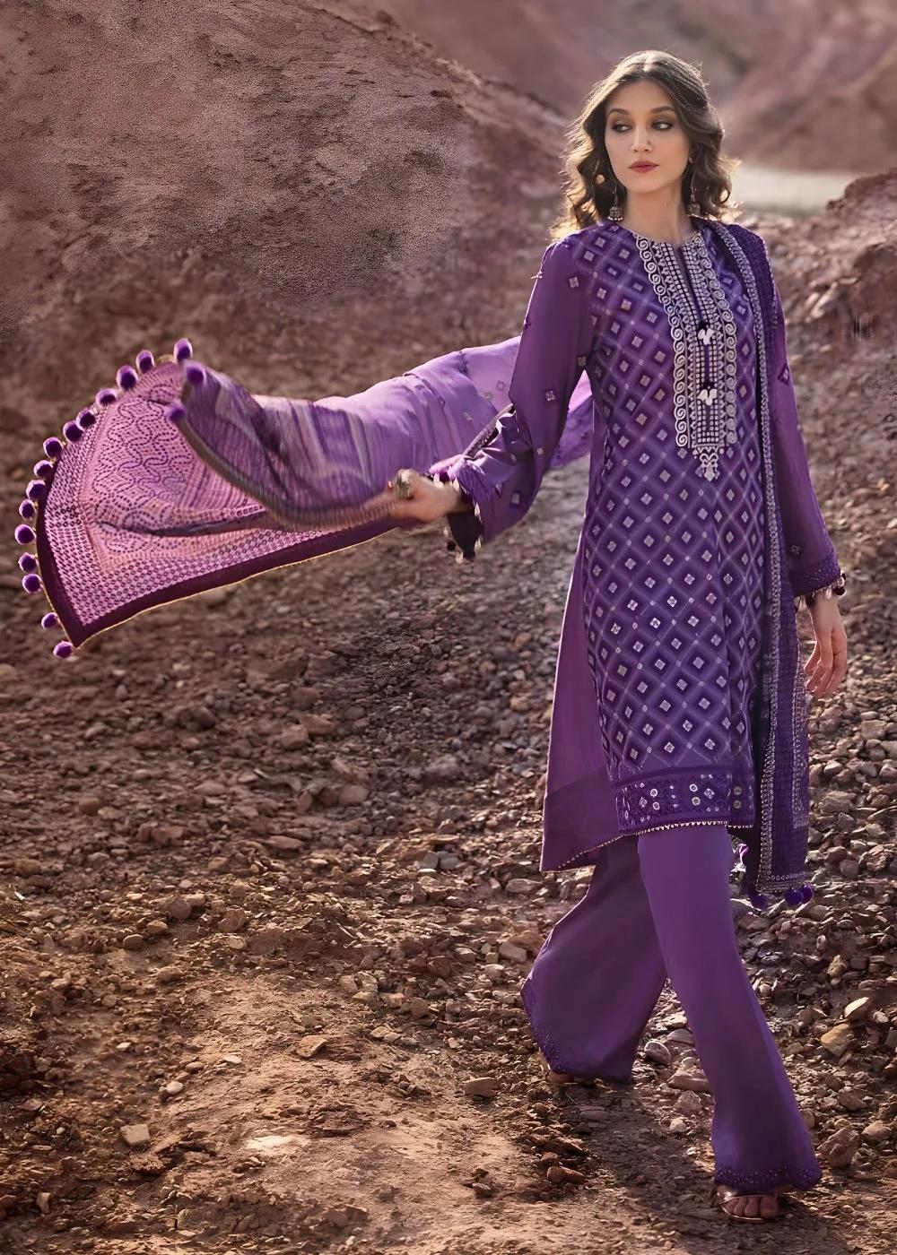 Gul Ahmed 3-Piece Embroidered Printed Lawn Unstitched Suit with Gold Lacquer Printed Chiffon Dupatta BM-42008