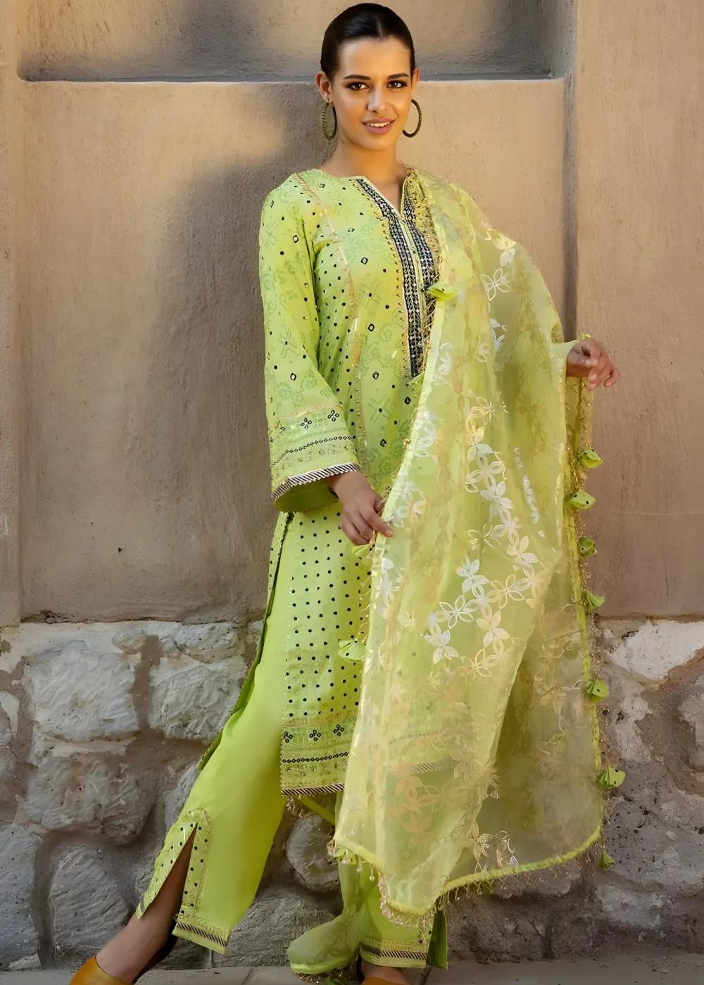 Gul Ahmed 3 Piece Hand Embroidered Gold and Lacquer Printed Raw Silk Unstitched Suit with Gold Foil Printed Organza Dupatta FE-42080