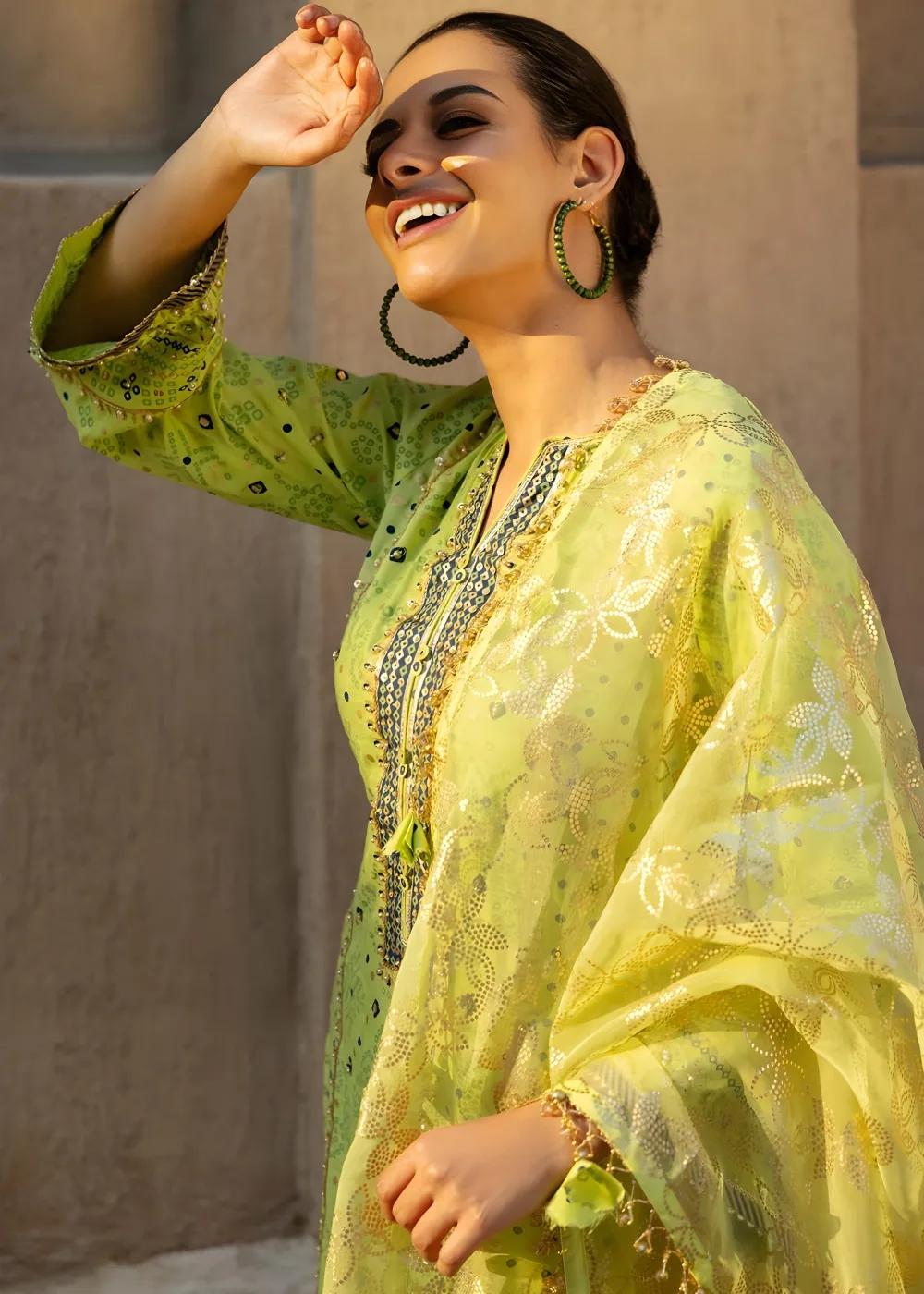 Gul Ahmed 3 Piece Hand Embroidered Gold and Lacquer Printed Raw Silk Unstitched Suit with Gold Foil Printed Organza Dupatta FE-42080