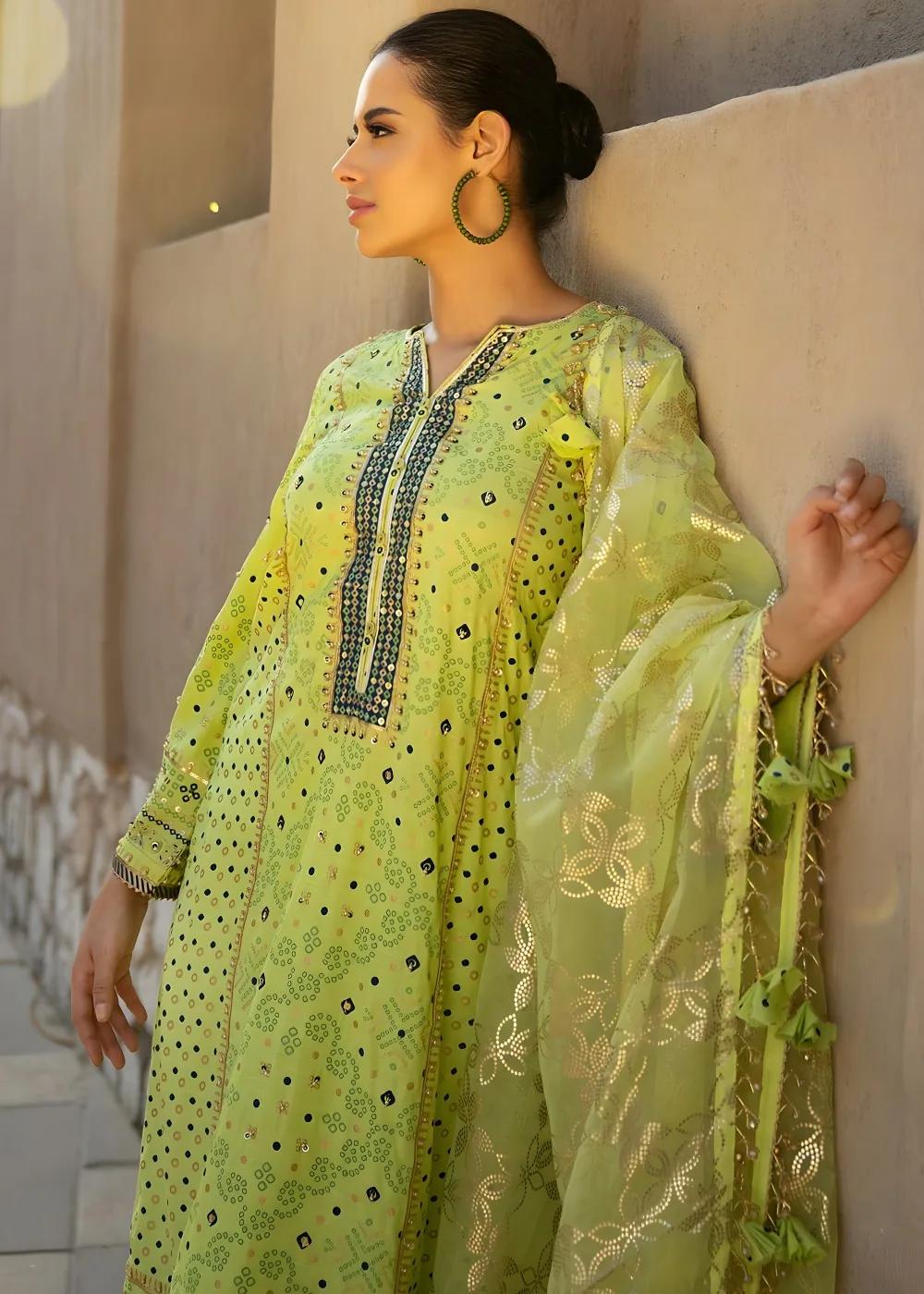 Gul Ahmed 3 Piece Hand Embroidered Gold and Lacquer Printed Raw Silk Unstitched Suit with Gold Foil Printed Organza Dupatta FE-42080