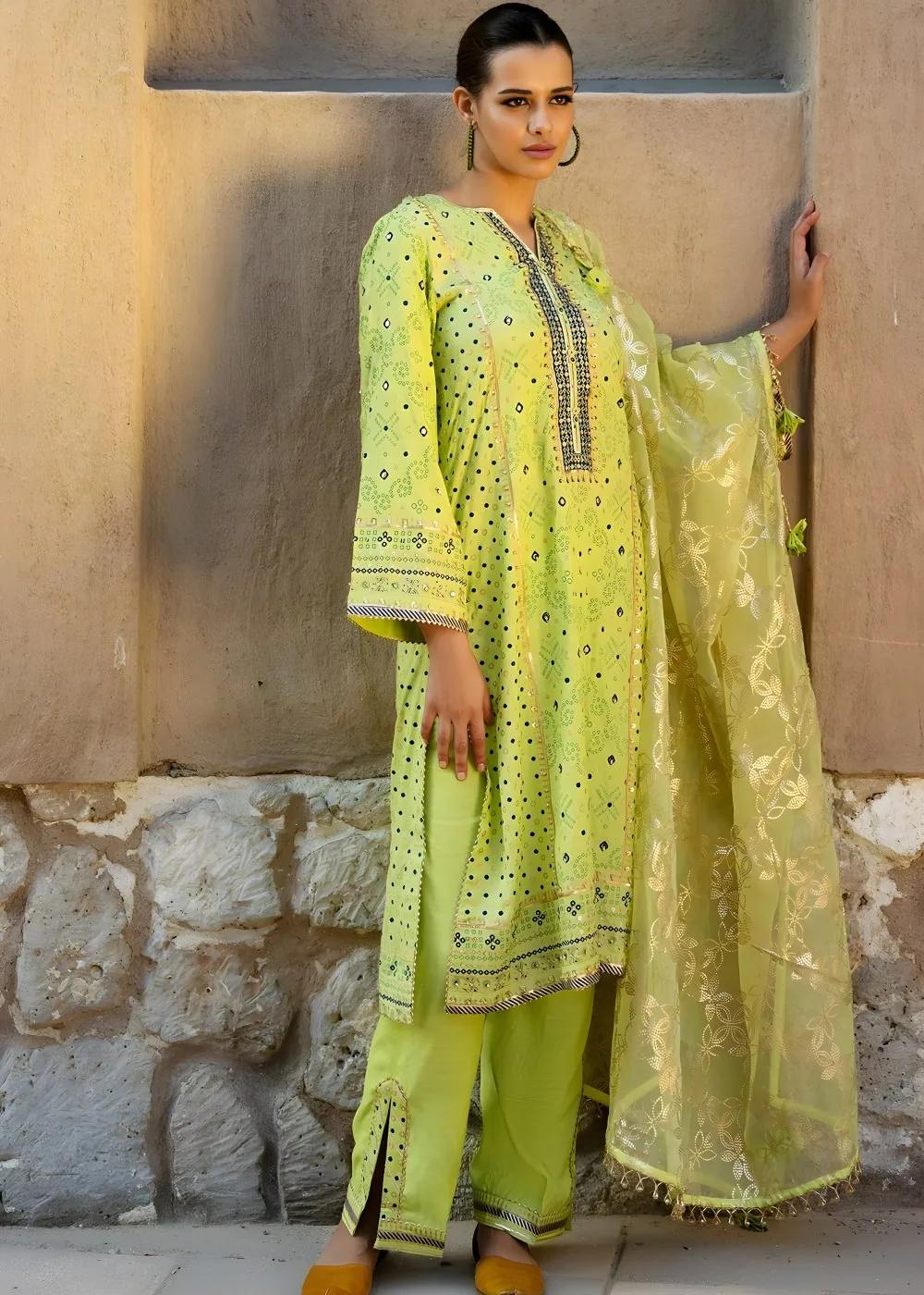 Gul Ahmed 3 Piece Hand Embroidered Gold and Lacquer Printed Raw Silk Unstitched Suit with Gold Foil Printed Organza Dupatta FE-42080