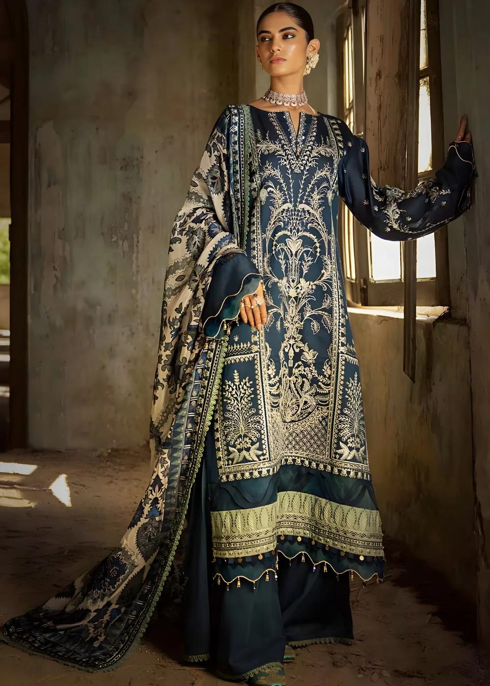 Gul Ahmed 3-Piece Sequins Embroidered Khaddi Net Suit with Digital Printed Tissue Silk Dupatta with Embroidered Lace FE-32056