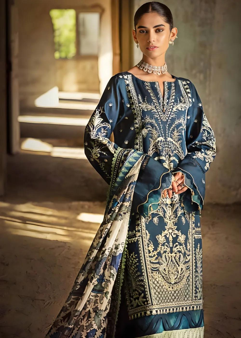 Gul Ahmed 3-Piece Sequins Embroidered Khaddi Net Suit with Digital Printed Tissue Silk Dupatta with Embroidered Lace FE-32056