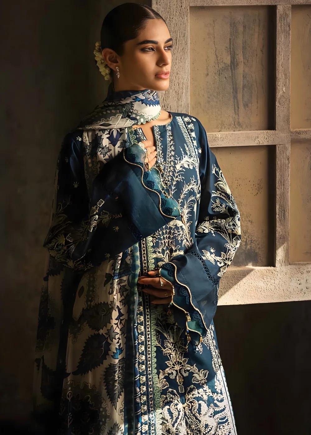 Gul Ahmed 3-Piece Sequins Embroidered Khaddi Net Suit with Digital Printed Tissue Silk Dupatta with Embroidered Lace FE-32056