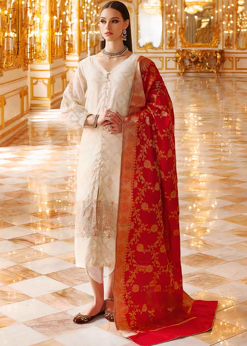 Gul Ahmed 3-Piece Unstitched Cotton Net Zari Jacquard Shirt with Banarsi Jacquard Dupatta PRW-22010