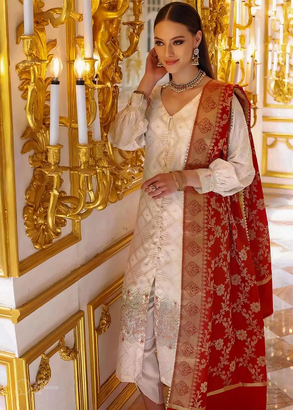 Gul Ahmed 3-Piece Unstitched Cotton Net Zari Jacquard Shirt with Banarsi Jacquard Dupatta PRW-22010
