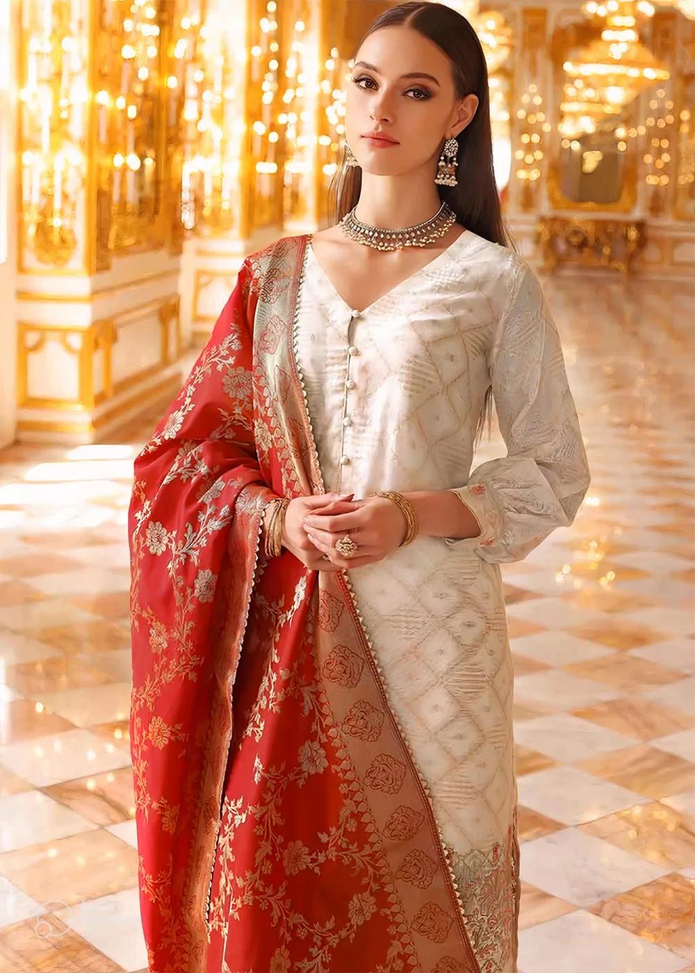 Gul Ahmed 3-Piece Unstitched Cotton Net Zari Jacquard Shirt with Banarsi Jacquard Dupatta PRW-22010