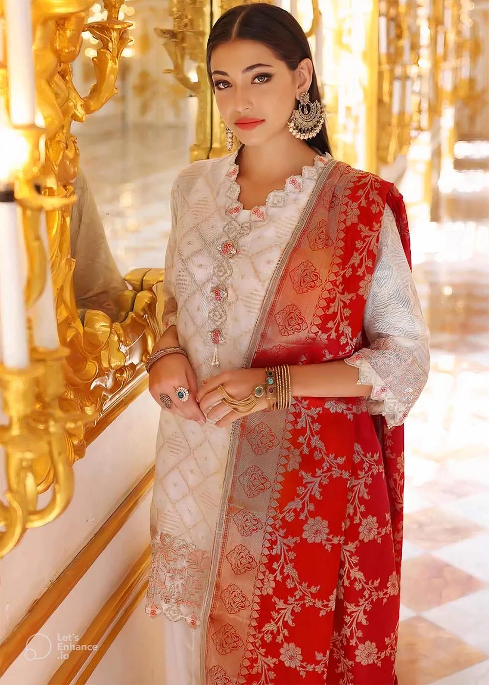 Gul Ahmed 3-Piece Unstitched Cotton Net Zari Jacquard Shirt with Banarsi Jacquard Dupatta PRW-22010