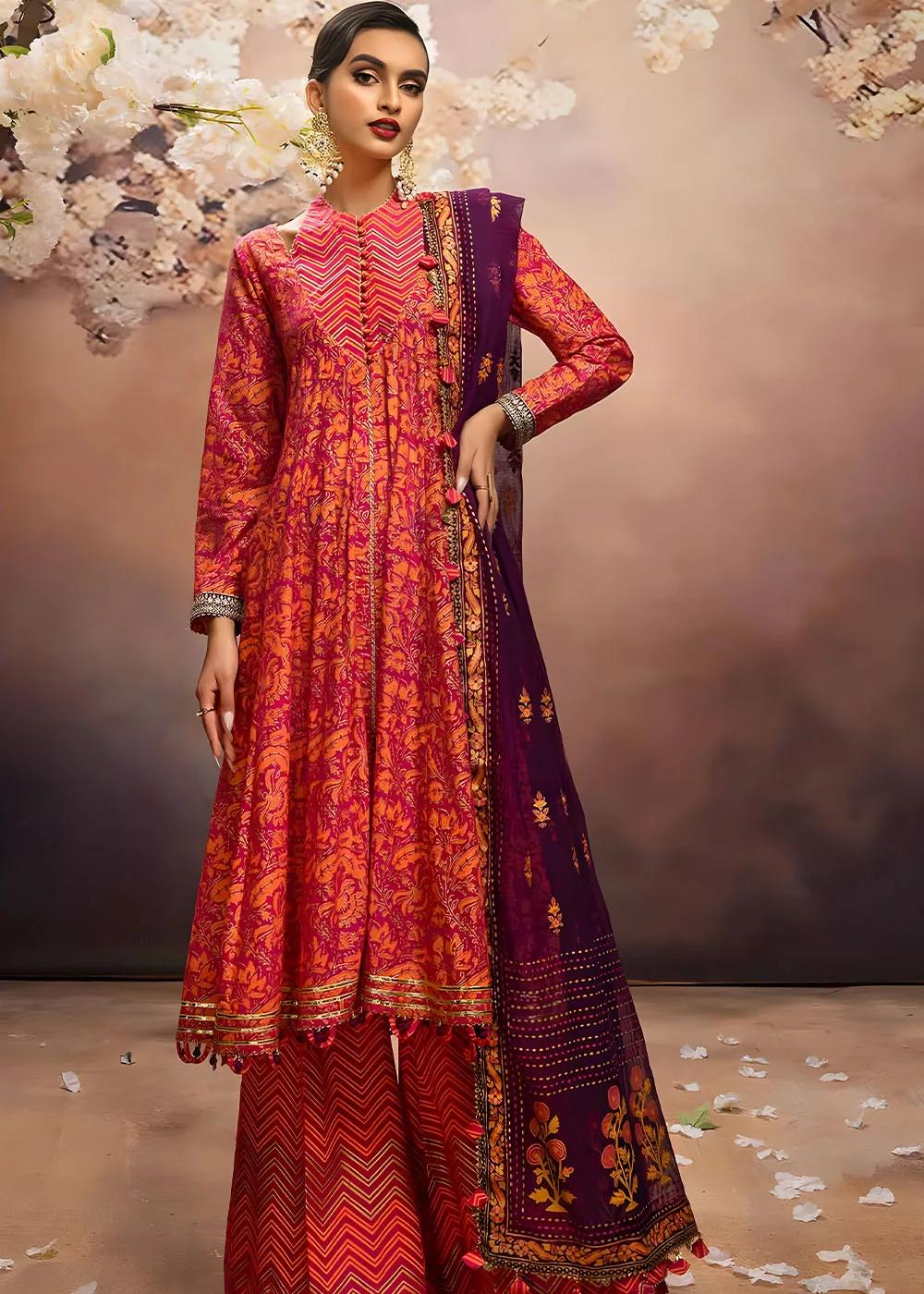 Gul Ahmed 3-Piece Unstitched Embroidered Gold and Lacquer Printed Lawn Suit with Cotton Net Dupatta CN-32024