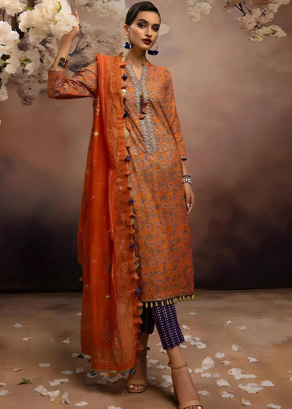 Gul Ahmed 3-Piece Unstitched Embroidered Gold and Lacquer Printed Lawn Shirt with Gold & Lacquer Printed Cotton Net Dupatta CN-32028