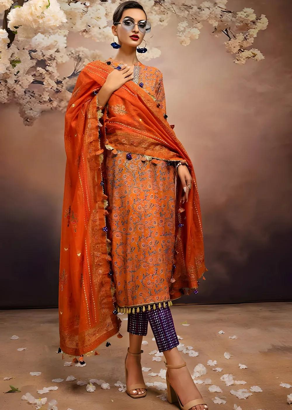 Gul Ahmed 3-Piece Unstitched Embroidered Gold and Lacquer Printed Lawn Shirt with Gold & Lacquer Printed Cotton Net Dupatta CN-32028