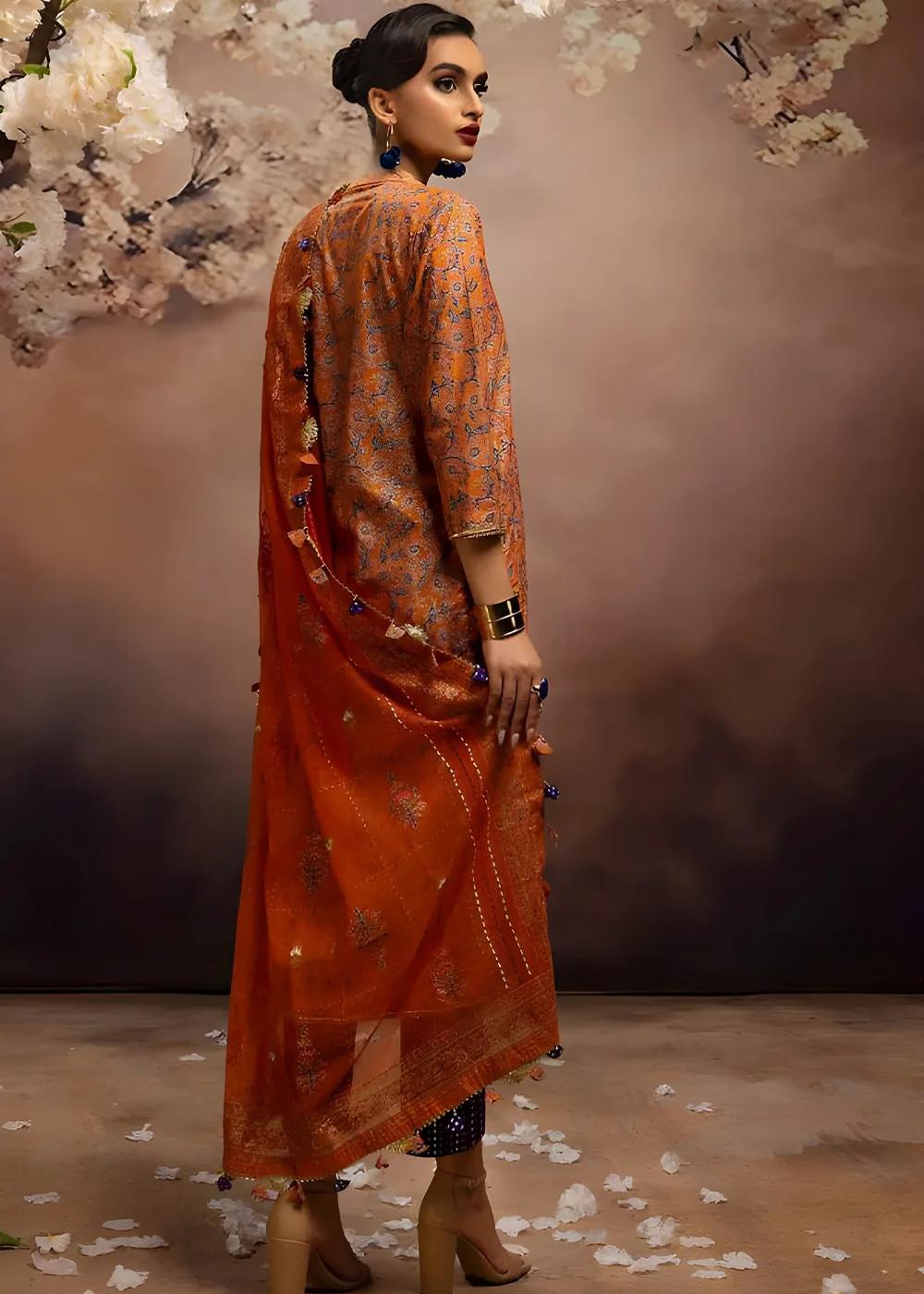 Gul Ahmed 3-Piece Unstitched Embroidered Gold and Lacquer Printed Lawn Shirt with Gold & Lacquer Printed Cotton Net Dupatta CN-32028