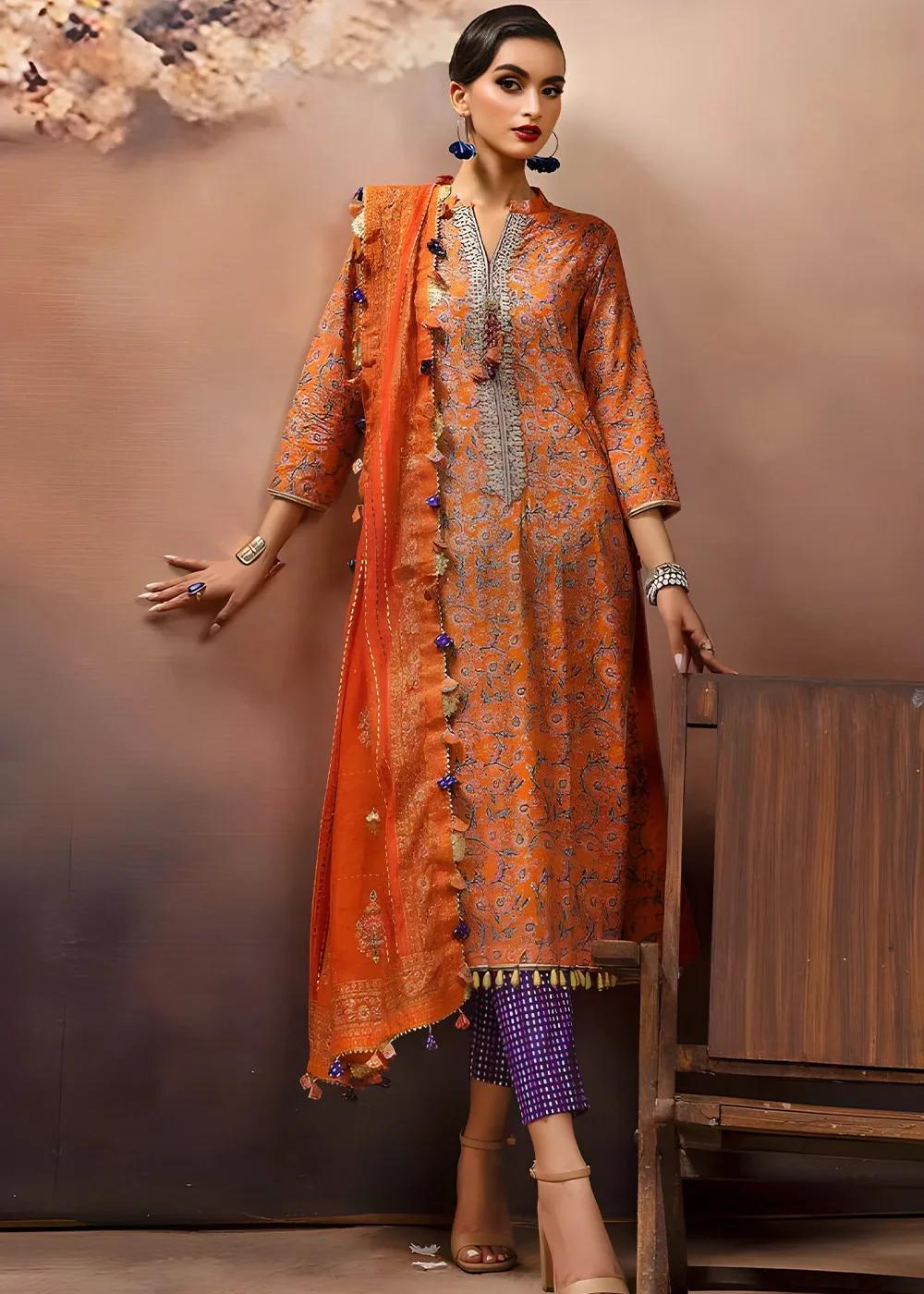 Gul Ahmed 3-Piece Unstitched Embroidered Gold and Lacquer Printed Lawn Shirt with Gold & Lacquer Printed Cotton Net Dupatta CN-32028