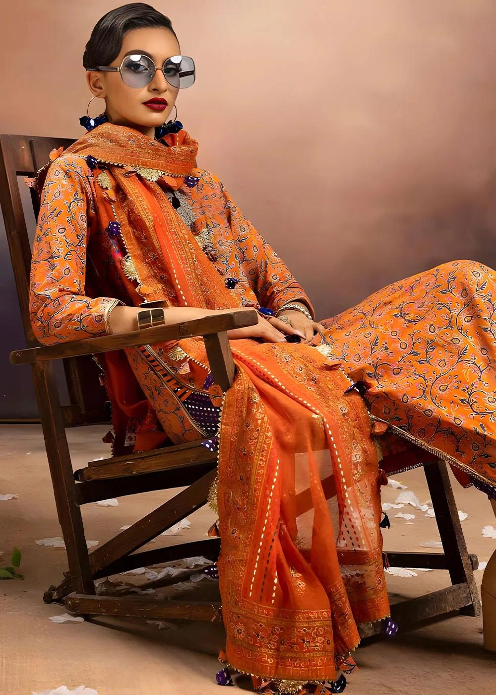 Gul Ahmed 3-Piece Unstitched Embroidered Gold and Lacquer Printed Lawn Shirt with Gold & Lacquer Printed Cotton Net Dupatta CN-32028
