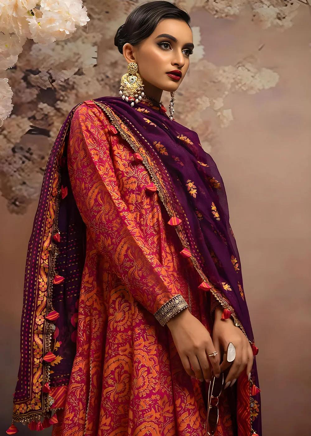 Gul Ahmed 3-Piece Unstitched Embroidered Gold and Lacquer Printed Lawn Suit with Cotton Net Dupatta CN-32024